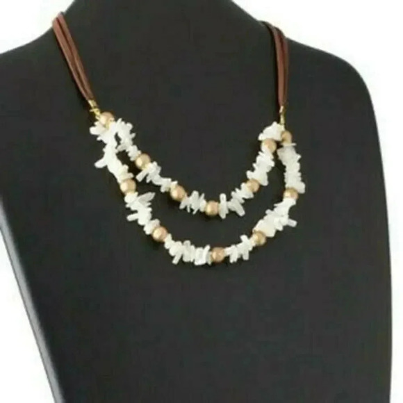 Mother of Pearl Shell Brass and Brown Faux Suede Double Cord Handmade Necklace - Picture 1 of 1